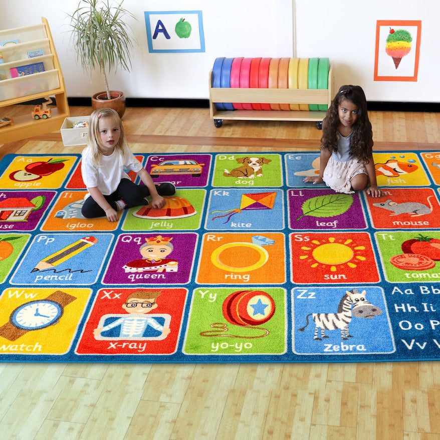 Alphabet Placement Carpet, This thick and soft Alphabet Placement Carpet is great for learning word and letter recognition and features 26 placement areas.The Alphabet Placement Carpet is perfect for children to sit and enhance learning word and letter recognition in a fun interactive way. Perfect for children to sit and enhance learning word and letter recognition in a fun interactive way. Word, letter and picture associations using clearly identifiable Sassoon Infant font in upper and lower case.High qual
