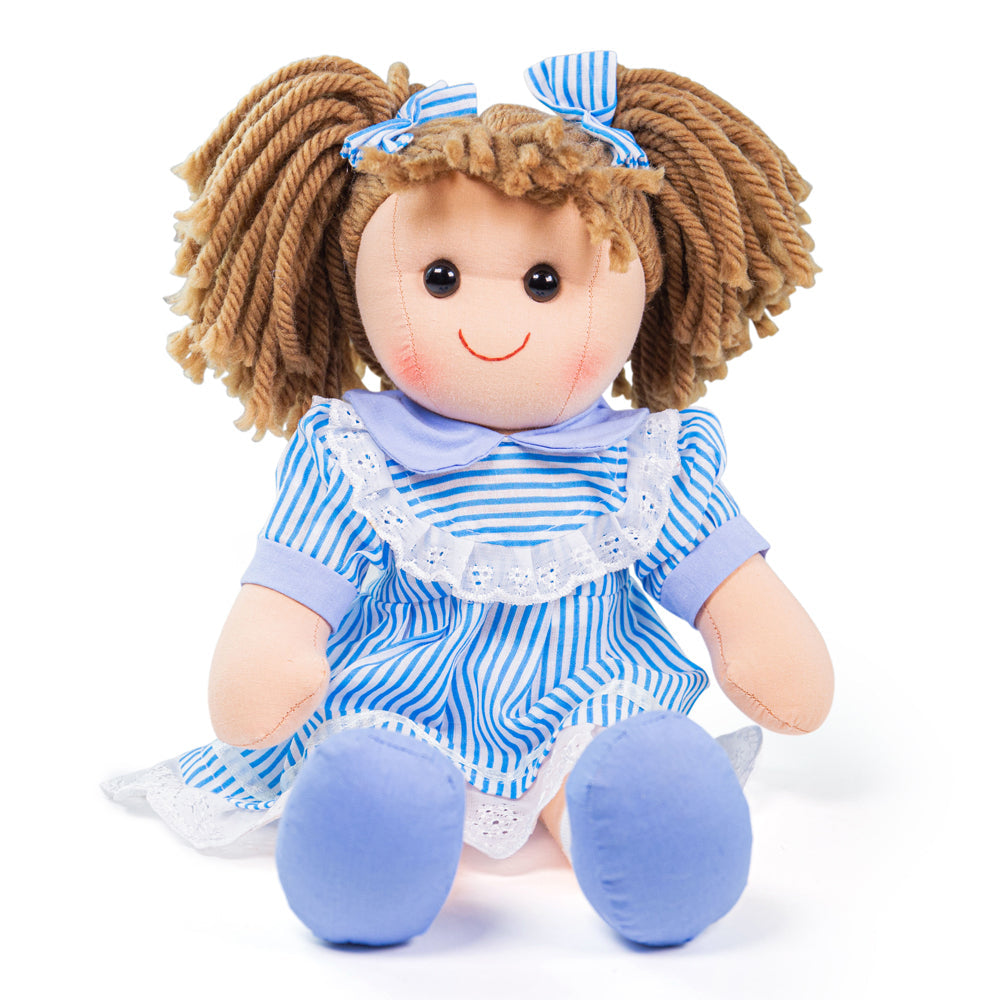 Amelia Doll - Large, Meet Amelia! Amelia is a soft and cuddly ragdoll, sure to become a trusted friend who can keep secrets, share dreams and provide plenty of hugs! Her stripy blue dress with lacy detailing is matched by the ribbons in her bunched hair. Amelia Doll’s soft material makes her the perfect toddler doll as she’s 38cm tall and gentle on little hands. Amelia the ragdoll can easily fit into bags, prams, cots, beds and cars so can be taken anywhere at any time! If your tot has a passion for fashion