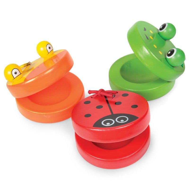 Animal Castanets, These brightly coloured Wooden Animal Castanets make a perfect first musical toy. The Animal themed castanets are an ideal as an early introduction to sound and rhythm and a great way to encourage creativity. These wonderful wooden animal castanets are a fantastic tool for encouraging children to work on their hand function, strength and co-ordination. Percussion themed instruments like castanets are an ideal resources to use as an early introduction to sound and rhythm, and a great way to