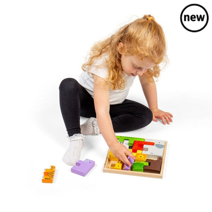 Animal Lock-A-Block, A versatile wooden block puzzle, Animal Lock-a-Block helps to develop tots’ coordination, shape, and colour recognition. The 11 wooden jungle animals can be used as a wooden stacking toy as well as puzzle pieces. The easy-to-hold animals are ideal for developing kids’ stacking and logical thinking skills. Also doubles as a chunky jigsaw puzzle that is perfectly sized for little hands to hold, grasp and examine. When the puzzle has been finished, it can be neatly stowed away for added co