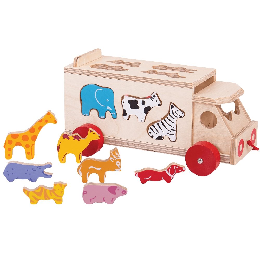 Animal Shape Lorry, The Animal Shape Lorry is a fun and educational toy that will keep your little one entertained for hours. This brightly coloured wooden lorry comes with six adorable animal shapes - a lion, giraffe, elephant, zebra, monkey, and crocodile. Each animal can be loaded onto the lorry through special slots, allowing children to sort the shapes and learn all about different animals. This not only helps children to develop their cognitive skills but also enhances their knowledge about the animal