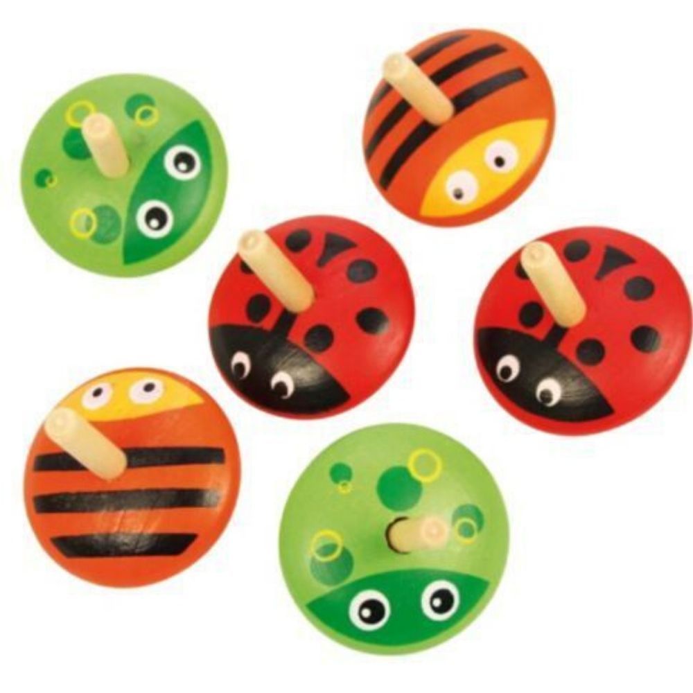 Animal Spinning Tops, These brightly coloured Animal wooden Spinning Tops are ideal stocking fillers or party bag treats and are perfectly sized for little hands. The Animal Spinning Tops also helps to develop dexterity and co-ordination. Made from high quality, responsibly sourced materials. Conforms to current European safety standards.These colourful creatures love nothing more than to spin around in circles, ladybirds, bumble bees and frogs! They are all brightly coloured, sturdily made and ideally size
