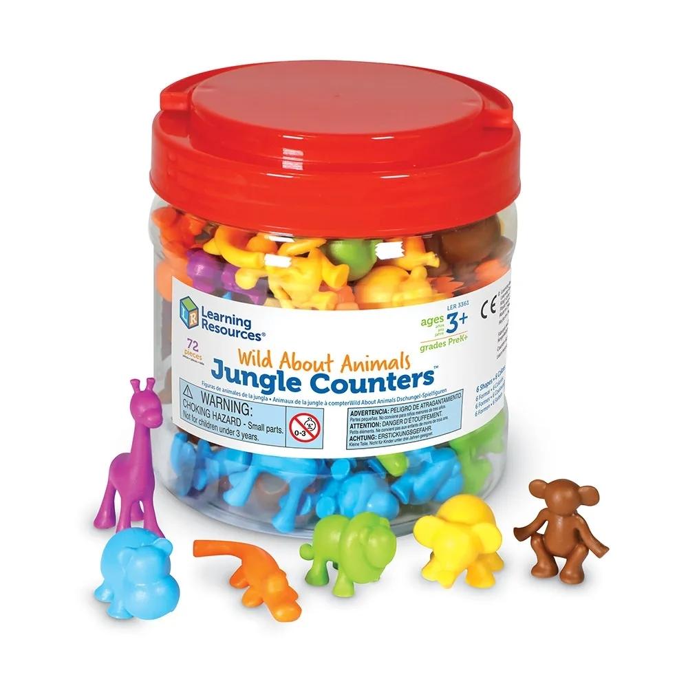 Animals Jungle Counters, The Wild About Animals Jungle Counters™ (Set of 72) are a unique and attractive set of counters which combine modern design and colours for early math's fun! The Learning Resources Wild About Animals Jungle Counters Tub are modern, colourful counters and a great way to liven up math's activities. Learning Resources Wild About Animals Jungle Counters Tub are ideal for developing counting skills, sorting and patterning, these soft rubber counters are wipe clean - perfect for hands-on 