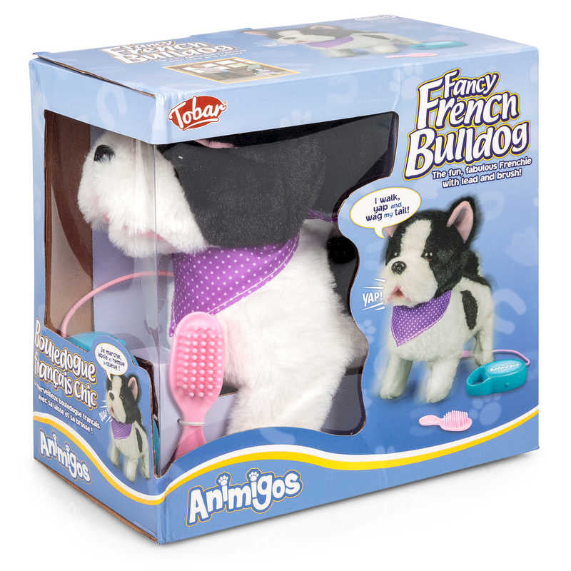 Animigos Fancy French Bull Dog, Meet the Animigos Fancy French Bull Dog, a plush canine companion with a flair for animation and style. Engineered to be more than just another cuddly toy, this French Bulldog comes alive with animated features, offering a delightful interactive experience for kids and dog lovers alike. Press the button on its long lead, and watch as it takes steps forward or stops to let out a friendly bark. Dressed in a chic black and white coat, complete with a fetching purple bandanna, th