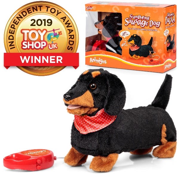 Animigos Scampering Sausage Dog, The Animigos Scampering Sausage Dog is a plush sausage dog that has a range of animated features. Push the button on his long lead and the Animigos Scampering Sausage Dog walk forward or pause to bark. It has a lovely, black and brown coat and a fetching red bandanna. Part of the Animigos range. Animigos Scampering Sausage Dog Walks forward Barks Button control from lead Requires 4 x AA batteries, Animigos Scampering Sausage Dog,Flipping Dog,Animigos Scampering Sausage Dog,H