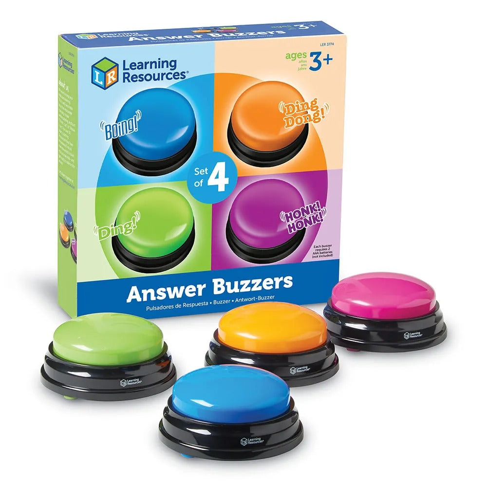Answer Buzzers pack of 4, Get Children actively engaged with the Answer Buzzers which are like “Game-show buzzers” and turn any lesson into a game. The Answer Buzzers pack of 4 has four different colours and fun sounds— horn honk, boxing bell, doorbell and boing! Each Answer Buzzer measures 9cm in diameter. Bring excitement to any classroom test with these interactive Answer Buzzers pack of 4 Answer Buzzers pack of 4 Features "Game-show" answer buzzers turn any lesson into a game Ideal for testing Interacti