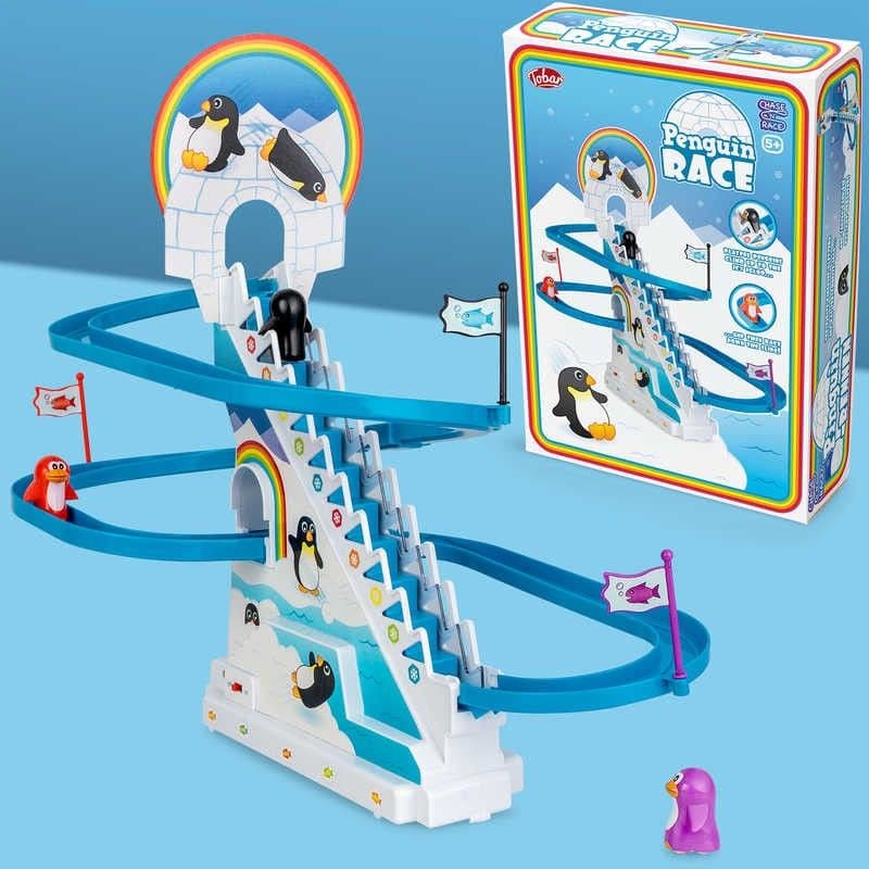 Arctic Penguin Race, Parents will remember enjoying this engaging Arctic Penguin Race over 20 years ago and it is still as much fun for youngsters today. Three playful penguins are magically hoisted up the moving 'ski lift' and then slide quickly down the winding slope. The Arctic Penguin Race is easy and quick to assemble, creating an amusing, moving fun experience. Watch the little penguins chase each other around the track. Kids love it. The Arctic Penguin Race is a great cause-and-effect tool with visua