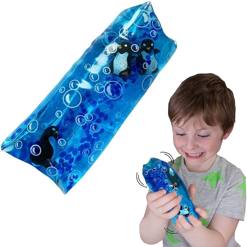 Arctic Penguin Water snake, These Arctic Penguin water snakes are so much fun to squeeze and make the water push out and swirl the glitter inside. It makes a soothing water splashing sound as you play. Watch out, this is one of those trick water snake tubes that are difficult to hold on to. As you play, you'll love the calming sound the water makes as it splashes and moves around inside the tube. But beware, this water snake is a tricky one! Its slippery design makes it challenging to hold on to, adding an 