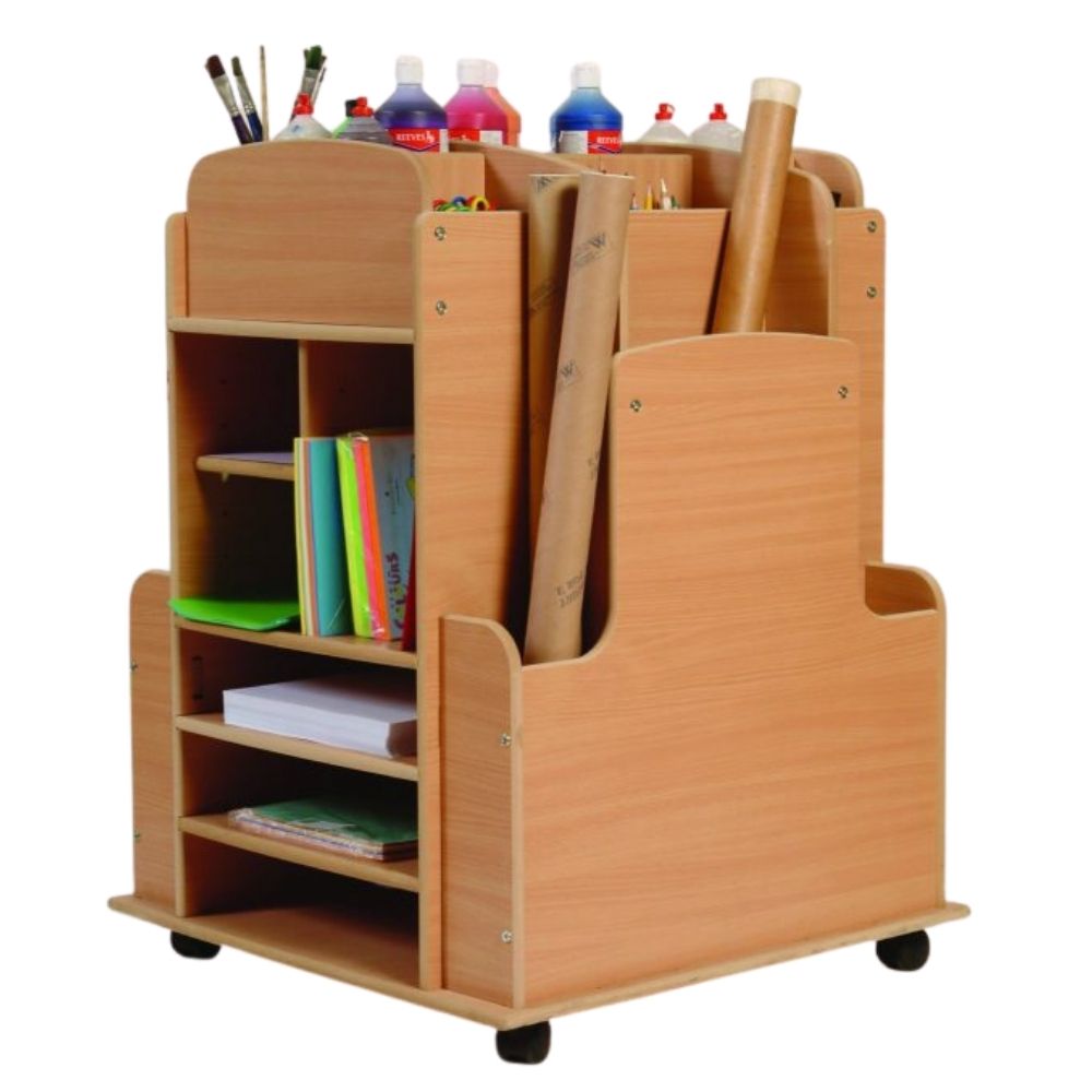 Art Storage Trolley, The Art Storage Trolley is perfect for storing all of your art and craft supplies, this unit has an open top with various size storage sections. The Art Storage Trolley has numerous shelves and compartments for storage of paper, paint pots, paper rolls etc. some of the smaller shelves are also adjustable. Art Storage Trolley 15mm Covered MDF – ISO 22196 certified antibacterial. Numerous shelves and compartments for storage of paper, paint pots, paper rolls etc. Includes adjustable shelv