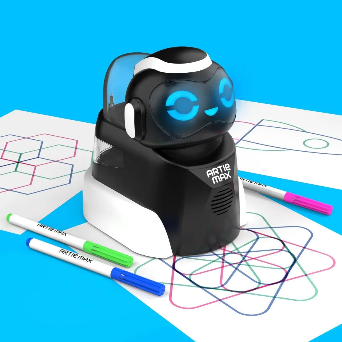Artie Max, Take creative coding to the max with new Artie Max™ The Coding Robot! Artie Max brings coding and STEM learning to life by converting the code programmed in the simple user interface (UI) into real line drawings in up to 3 different colours. Kids learn to code in 5 coding languages - Blockly, Snap!, JavaScript, Python, and C++ - through fun, creative activities. Artie Max’s colour-changing LED light-up eyes add extra cool fun to coding for kids. Coding for kids is engaging and fun with new Artie 