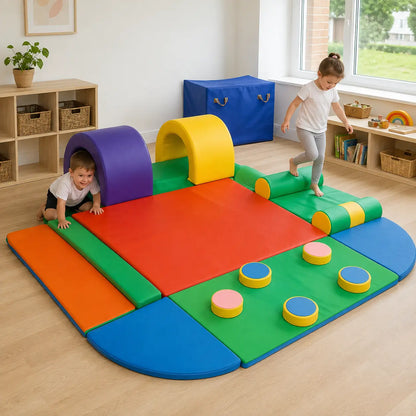 Assault Course Soft Play in a naturally lit early-years nursery movement setting