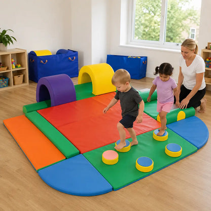 Assault Course Soft Play in a naturally lit early-years nursery movement setting