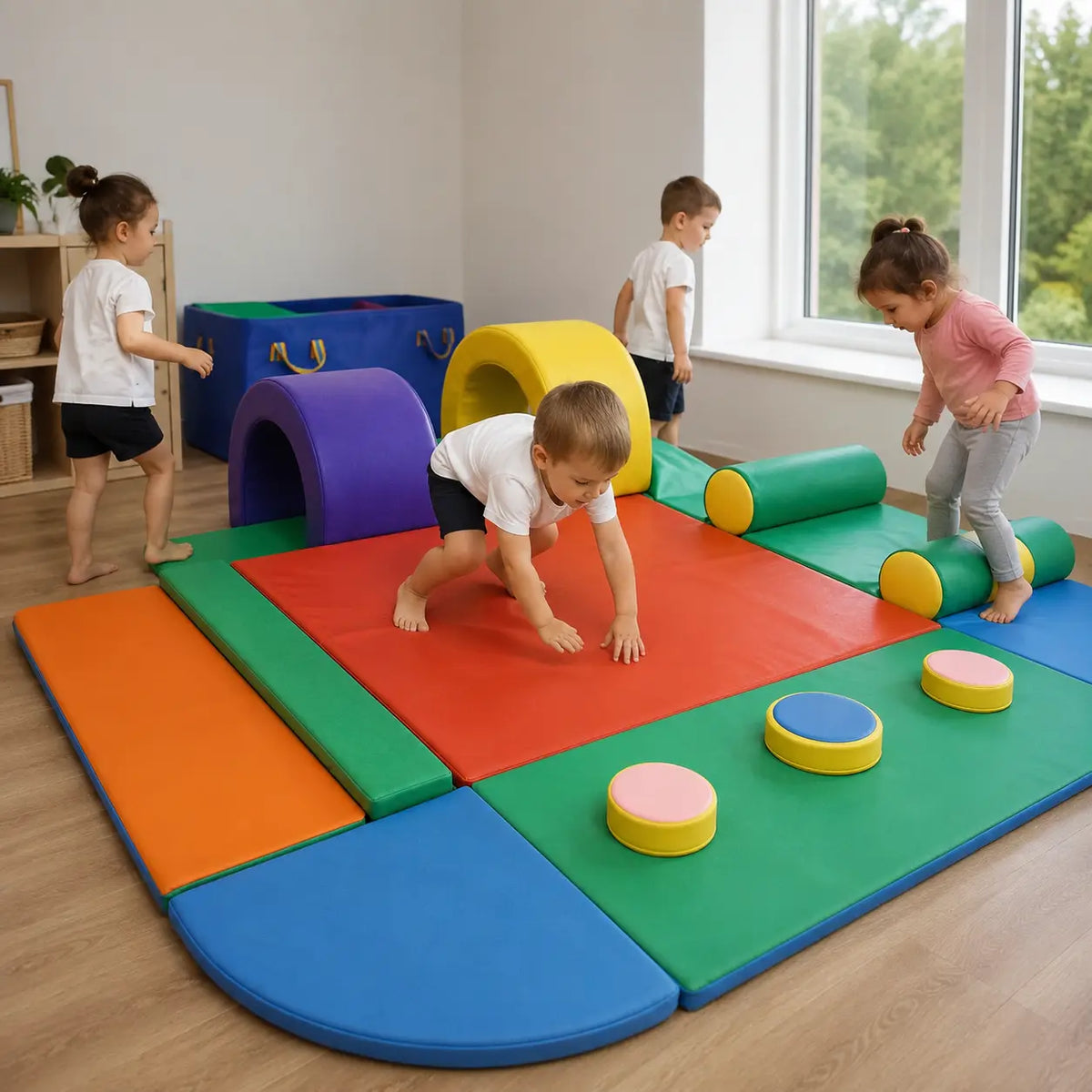 Assault Course Soft Play in a naturally lit early-years nursery movement setting