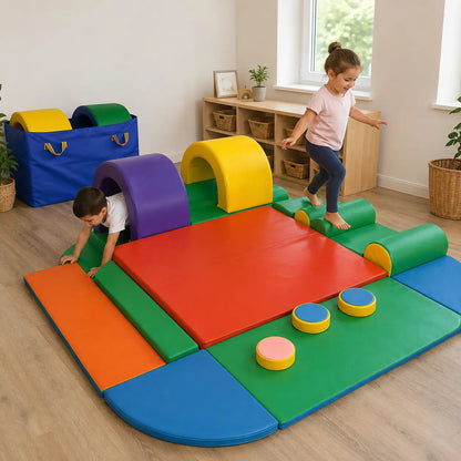 Assault Course Soft Play in a naturally lit early-years nursery movement setting