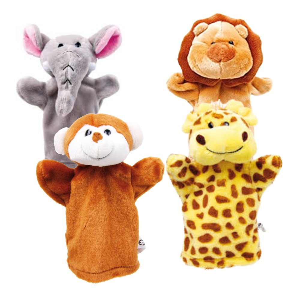 Assorted Pack of 4 Puppets, Cute set of 4 cuddly hand Animal puppets which are made of quality materials and are soft to touch and handle and act as a great imaginative play game, also great for group activities and to help children develop communication skills.Featuring a set of colourful and inviting hand puppets, this Wild Animal Hand Puppet Set will support the engagement of young children to join in with sounds, rhymes, and phrases, to begin to experiment with new vocabulary and to develop an understan