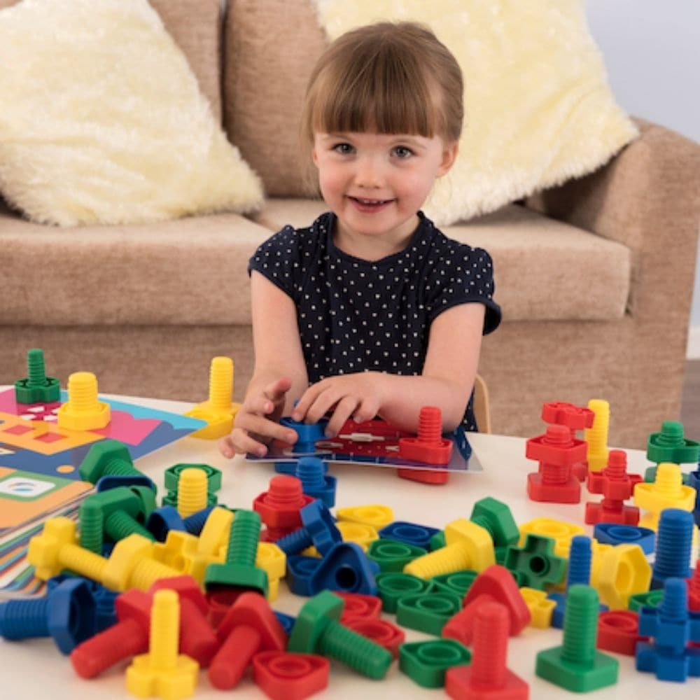 Attribute Nuts and Bolts, These giant colour coded Attribute Nuts and Bolts are easy to hold and manipulate and they are excellent for developing hand-eye coordination and manipulation skills. The Attribute Nuts and Bolts set contains 32 pieces, 4 shapes, 4 colours. The Attribute Nuts and Bolts set provides a great focus for fidgeting fingers to promote bilateral coordination, motor planning, eye-hand coordination and fine motor skills. The Attribute Nuts and Bolts are a great tool for sorting and counting 