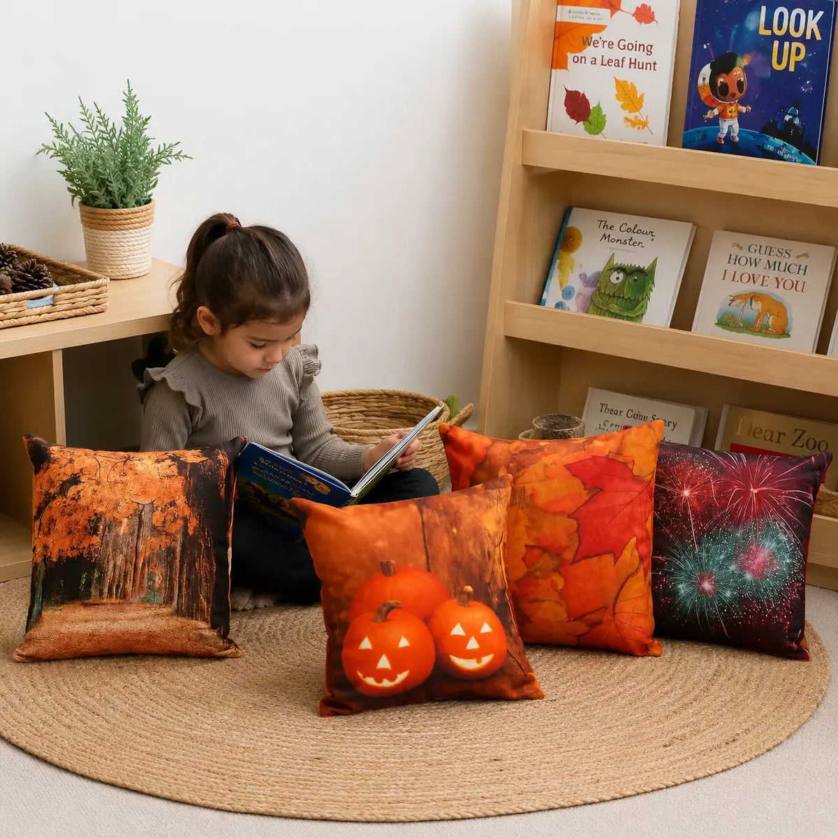 Autumn Scatter Cushions Set of 4 in a naturally lit early-years nursery setting