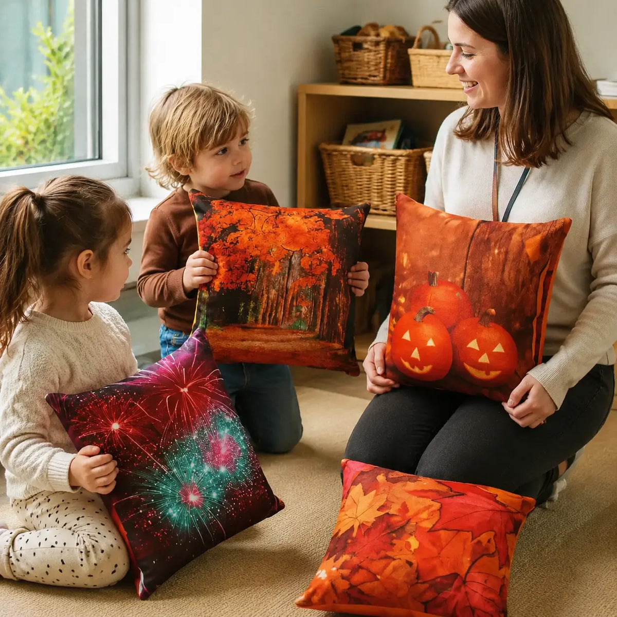 Autumn Scatter Cushions Set of 4 in a naturally lit early-years nursery setting