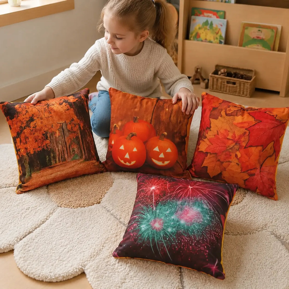 Autumn Scatter Cushions Set of 4 in a naturally lit early-years nursery setting