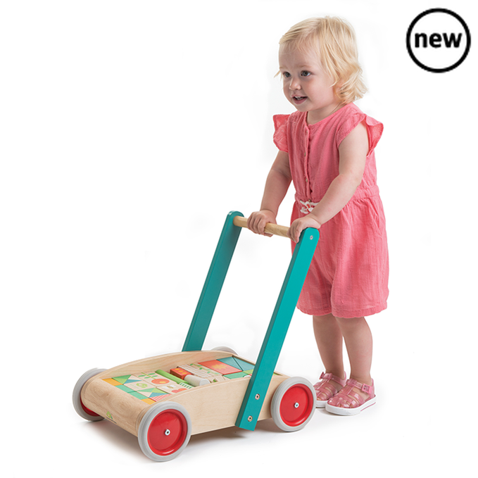 Baby Block Walker, The Baby Block Walker is the perfect companion for your little one's first steps. Crafted from sustainable rubber wood and responsibly sourced plywood, this sturdy and durable baby walker is built to withstand hours of play. Its large rubber wheels ensure smooth and safe movement on various surfaces, making it ideal for both indoor and outdoor use. But it's not just a walker - this innovative toy also doubles as a shape sorter. With 29 vibrantly colored wooden blocks and shapes, your chil