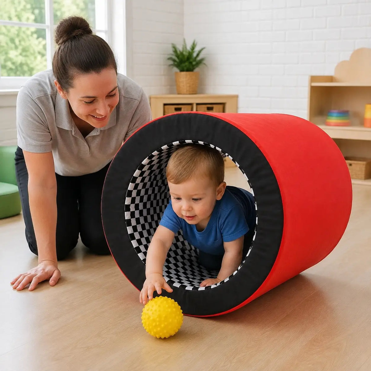 Baby Moves Hollow Tunnel in a naturally lit supervised early-years nursery play setting