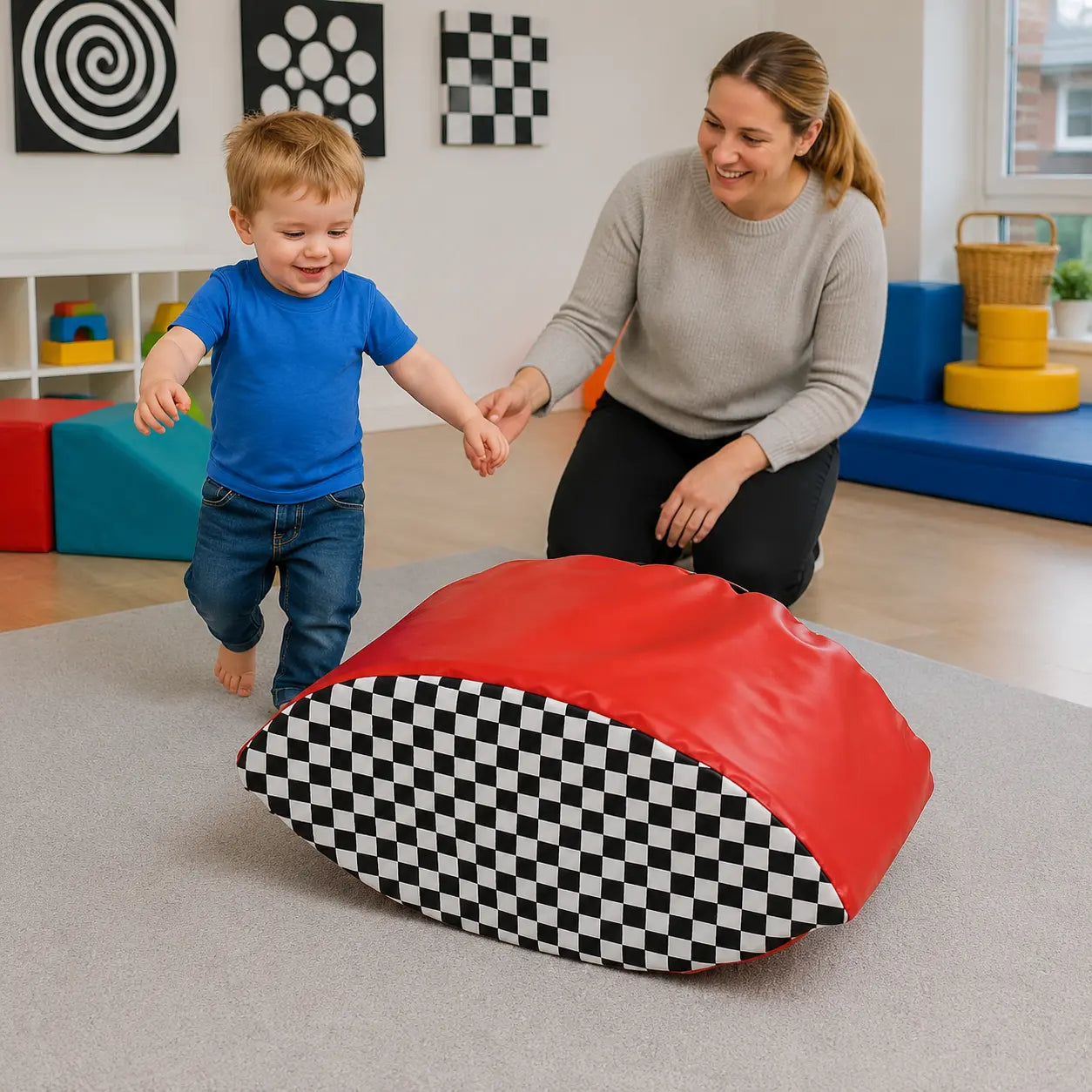 Baby Moves Rocky Road Balancer in naturally lit supervised early-years play