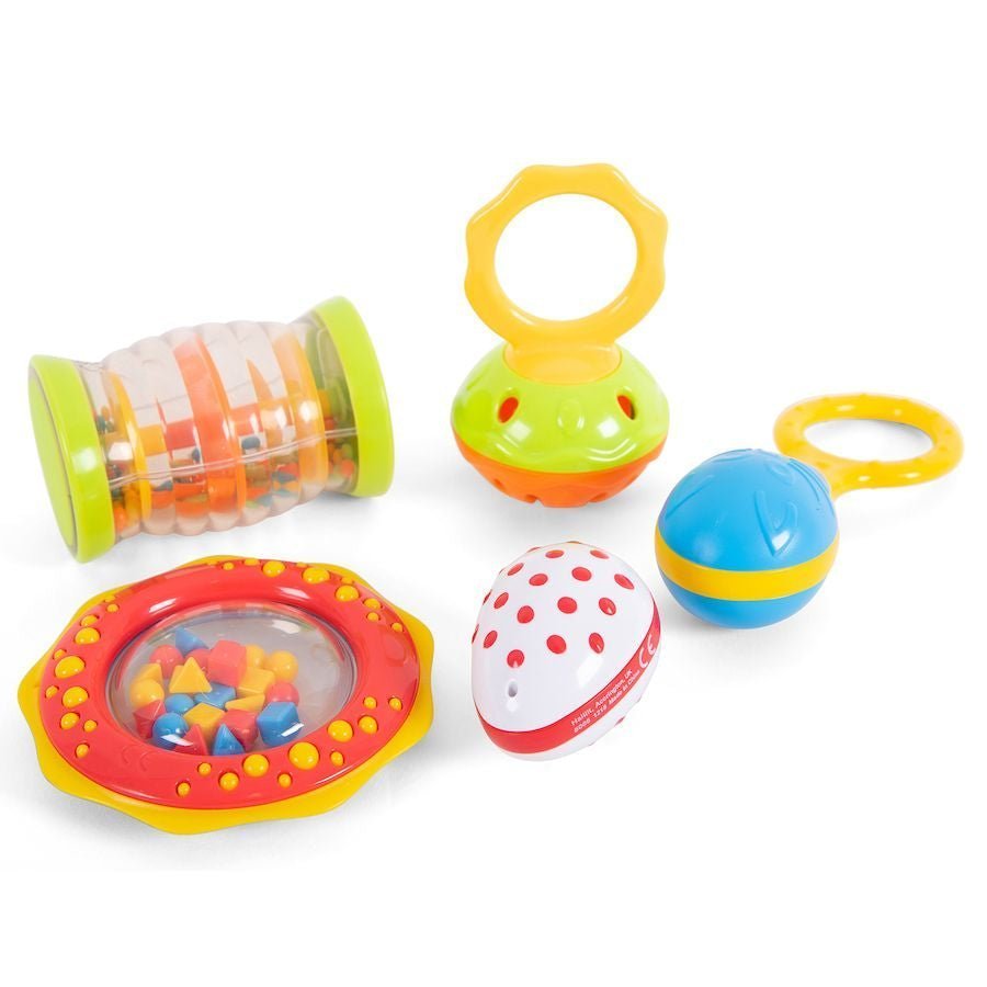 Baby Shaker Music Set 5pk, such as rattles, bells, and shakers. Each toy in this set is carefully crafted to produce a unique and engaging sound, providing endless entertainment for your little one. The vibrant colors and different textures of the toys stimulate your baby's senses and encourage exploration and curiosity. The Baby Shaker Music Set is specifically designed for infants aged 6 months and older, ensuring that they can safely enjoy the toys and explore their musical abilities. The lightweight and