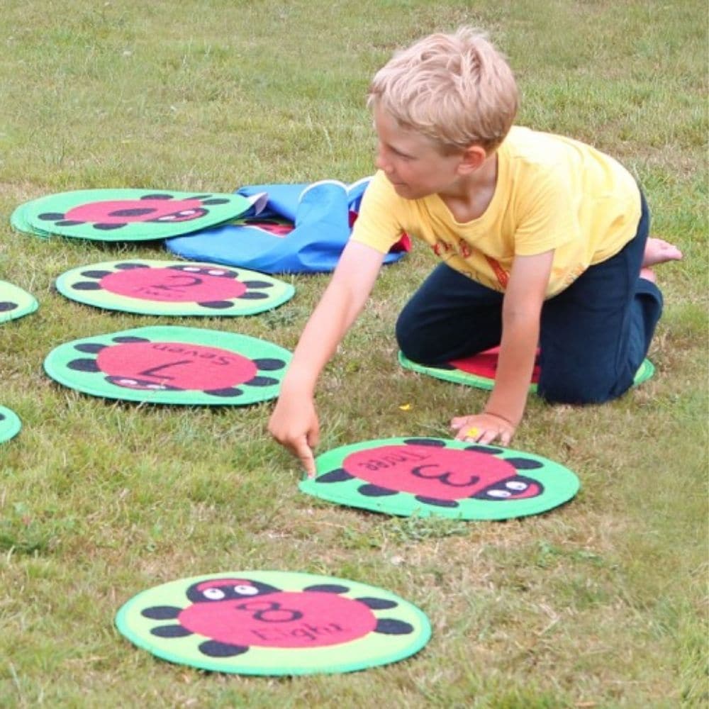 Back to Nature Counting Ladybird Indoor Outdoor Mini Carpets, The Back to Nature Counting Ladybird Indoor Outdoor Mini Carpets are a delightful addition to your outdoor and indoor learning area for activities such as reading and group play. The Back to Nature Counting Ladybird Indoor Outdoor Mini Carpets come as a 24 piece set with a free storage bag so they can be moved around with ease. With FREE holdall. Mat features: Distinctive and brightly coloured, child friendly designs. Designed to encourage learni