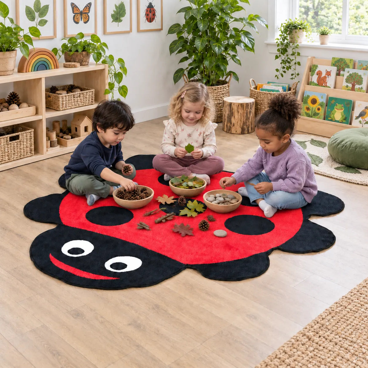 Children using the Back to Nature Ladybird Carpet in an early years classroom, view 7