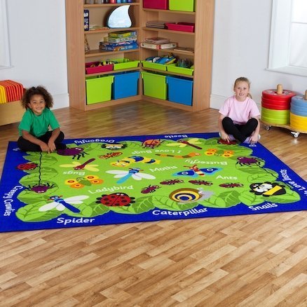 Back To Nature Mini Beasts Carpet, The Back To Nature Mini Beasts Carpet has pictures and names of insects to help children learn about the insects that can be found in our environment. The Back To Nature Mini Beasts Carpet is designed to encourage learning through interaction and play. Abrasion and crease resistant with tightly bound edges to prevent fraying. Nylon twist soft textured finish. The Back To Nature Mini Beasts Carpet is a fun and informative 2.4x2m carpet to learn about insects found in our en
