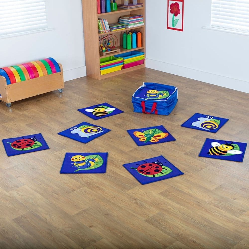 Back to Nature Mini Bug Placement Carpets Pack of 14, Our fantastic set of 14 Back to Nature Mini Bug Placement Carpets are made using a heavy duty pile and have a unique Rhombus anti skid 'Dura-Latex' safety backing which makes them perfect for group play and reading activities. The Back to Nature Mini Bug Placement Carpets are a colourful and practical solution for schools and early years and offers a way for children to be spaced out safely. The Back to Nature Mini Bug Placement Carpets are brightly colo