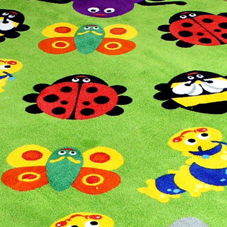 Back to Nature™ Large Corner Bugs Carpet, The Back to Nature™ Large Corner Bugs Carpet is a larger 3x3m brightly coloured corner carpet with placement areas for up to 24 children plus a teacher. The Back to Nature™ Large Corner Bugs Carpet is designed to encourage learning through interaction and play. Features Anti-skid Dura-Latex™ safety backing. Abrasion resistant, laboratory rub tested to heavy duty standards. Tightly bound edges to prevent fraying. Nylon twist soft textured finish. Meets all relevant s