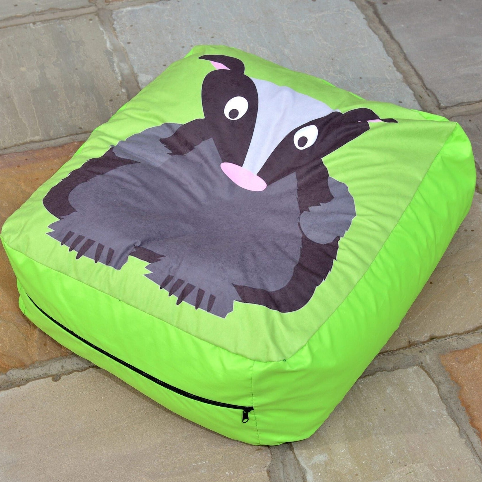 Badger Outdoor and Indoor Bean Cushion, The Badger Outdoor and Indoor Bean Cushion is perfect for use both indoors and outdoors depicting a quirky Mole print. Part of the Woodland Creatures Range which also includes Fox, Badger and Mole prints. Top-quality UK manufacturing with high grade fabrics this cushion is durable and can withstand rigorous use. Made from Nylon and Polyester which can be sponged clean with soapy water or the outer fabric removed for washing at 40°C. Badger Outdoor and Indoor Bean Cush