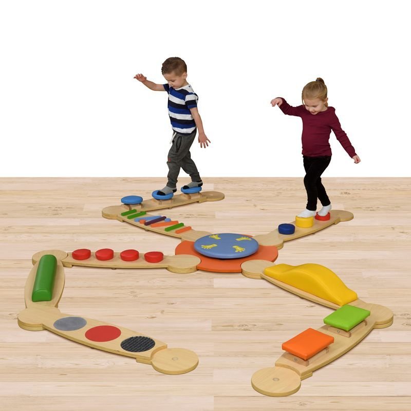 Balance Beams Set 3, This Balance Beams group set includes W-50 and W-51 - the ideal set for larger groups of children. The Balance Beams Set 3 is perfect for developing and stimulating balance, and collaborative play skills. These sensory balance beams are available in 3 different sets. There are no screws or assembly required – just click and go. The main body and balance boards are made from plywood offering strength and flexibility. The upper sections of the boards consist of various shapes with a soft 