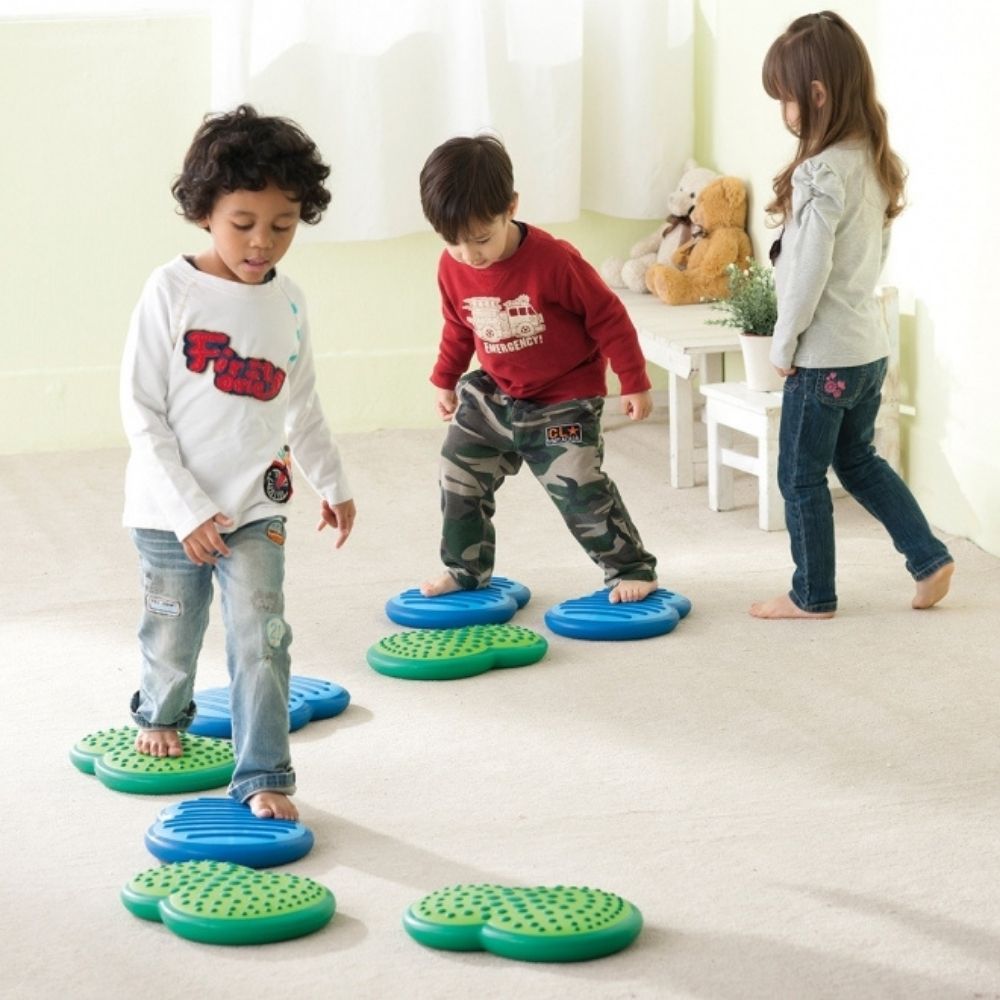 Balance Stepping Clouds, Balance Stepping Clouds are a great new way to build balance, posture and core strength. The sides and bottom of each dual-chambered piece are made from a soft, pliable plastic that allows air to travel between the two chambers when stepped upon. The top has an anti-slip tactile surface that provides secure foot positioning and sensory stimulation. Great for working balance in all directions. Each set comes with two blue and two green Stepping Clouds, a user guide with activities an