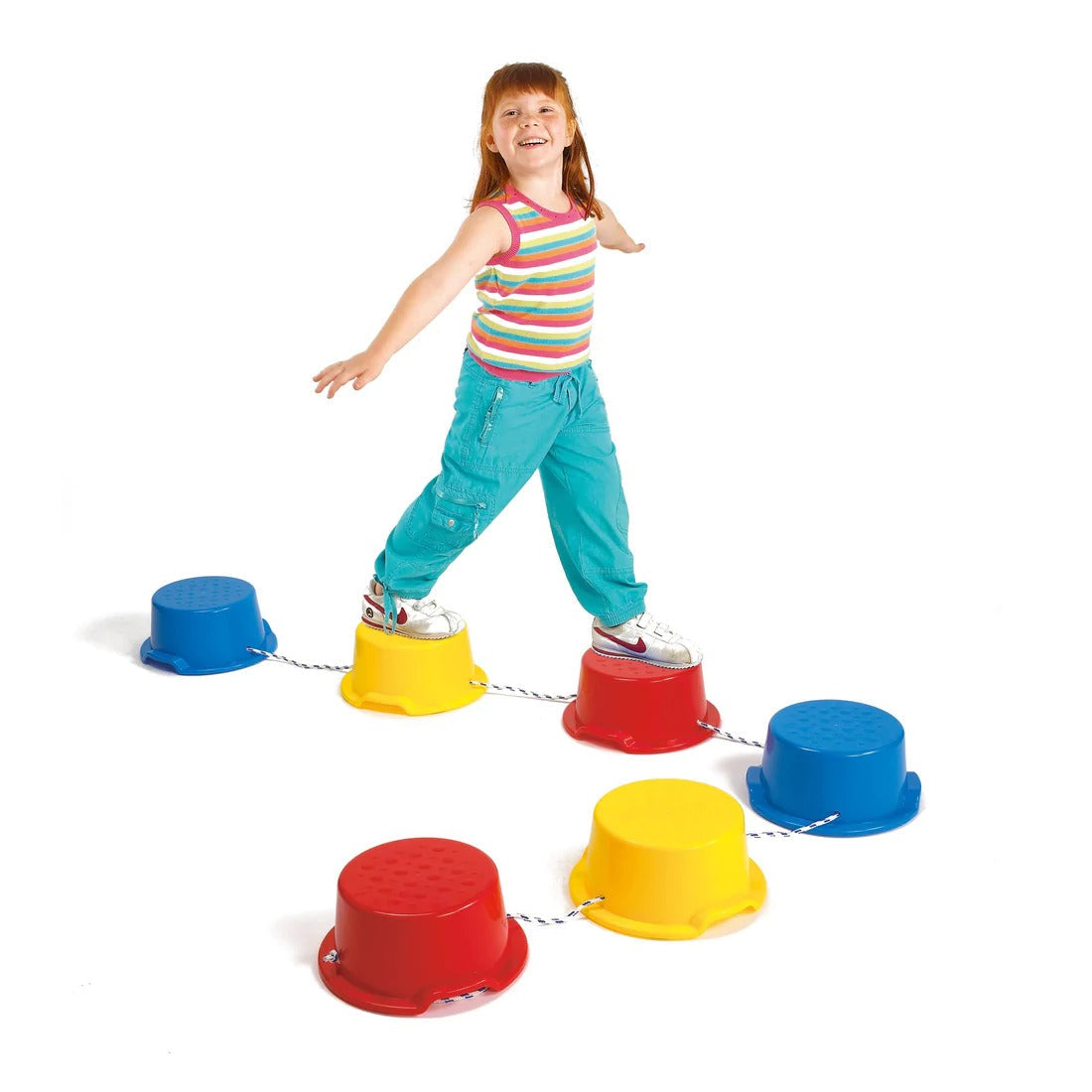 Balance Steps, Set of 6 sturdy flat topped Balance Step a Stones connected with ropes which may be adjusted. Each Balance Step a Stones has a pimpled platform to help prevent slipping. Children will gain confidence and improve balance as they progress from stepping on each Balance Step a Stone over short gaps to jumping over longer gaps. Create an exciting path for a journey of learning through play with our edx education Step-A-Stones! Ideal for improving coordination, balance and gross motor skills. Can b