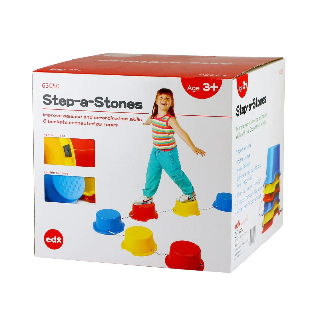 Balance Steps, Set of 6 sturdy flat topped Balance Step a Stones connected with ropes which may be adjusted. Each Balance Step a Stones has a pimpled platform to help prevent slipping. Children will gain confidence and improve balance as they progress from stepping on each Balance Step a Stone over short gaps to jumping over longer gaps. Create an exciting path for a journey of learning through play with our edx education Step-A-Stones! Ideal for improving coordination, balance and gross motor skills. Can b