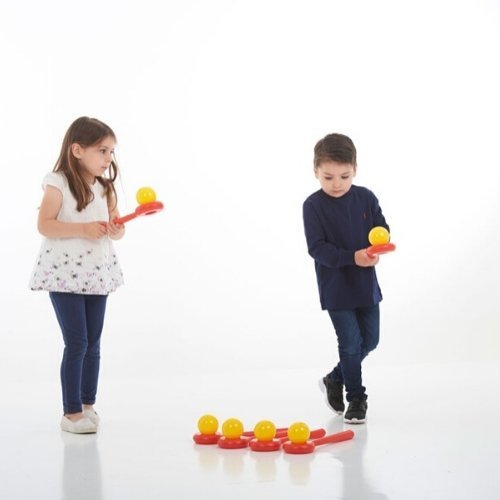 Balancing Ball Set, Introducing the Balancing Ball Set, a fantastic addition to any collection of physical play resources. This set is designed to promote the development of fine and gross motor skills, along with other key skills, all while providing a fun and enjoyable play experience. Similar to the excitement of an egg and spoon race, our edx education® Balancing Ball set is a game that will enhance your child's hand-eye coordination. With six vibrant and colorful balls that balance on six equally color
