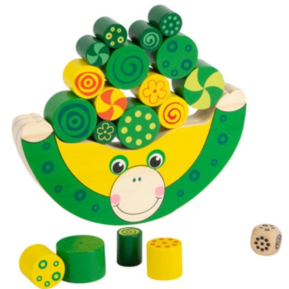 Balancing Frog, Introducing the Balancing Frog, a classic game of skill that will provide endless hours of fun and entertainment for your little ones. This exciting game includes 1 frog base, cylinder shapes in 3 different sizes, and 1 dice.To start the stacking fun, simply roll the dice and match the colors on the dice to the cylinders. Fit the matching cylinder onto the frog base where possible, and carefully balance each piece on top of one another. The challenge lies in keeping the Balancing Frog from l