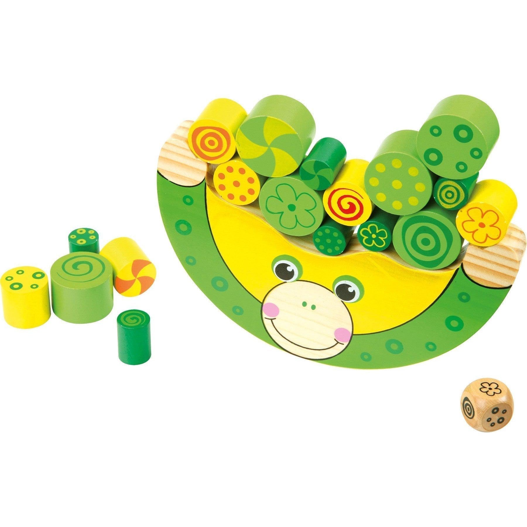Balancing Frog, Introducing the Balancing Frog, a classic game of skill that will provide endless hours of fun and entertainment for your little ones. This exciting game includes 1 frog base, cylinder shapes in 3 different sizes, and 1 dice.To start the stacking fun, simply roll the dice and match the colors on the dice to the cylinders. Fit the matching cylinder onto the frog base where possible, and carefully balance each piece on top of one another. The challenge lies in keeping the Balancing Frog from l