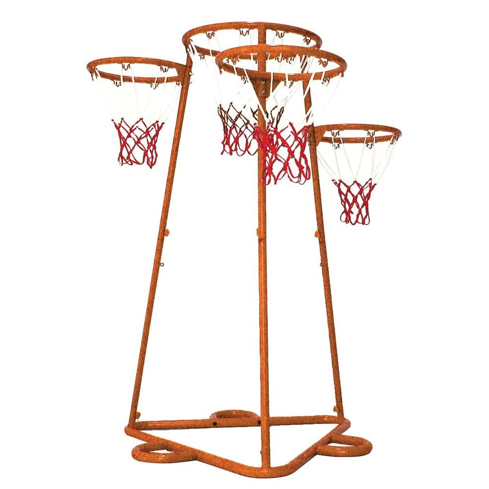 Ball Training Stand, The Ball Training Stand is a multiple-target basketball trainer stand with four hoops set at different height levels is ideal for group activities on the playground. The three outer hoops turn into the metal frame for easy storage. It also comes with a storage bag, which fits neatly in the lower half of the stand. The Basketball trainer is a great playground resource which is adjustable for children of different ages. A very stable multiple-target stand with 4 rings/nets, set at differe