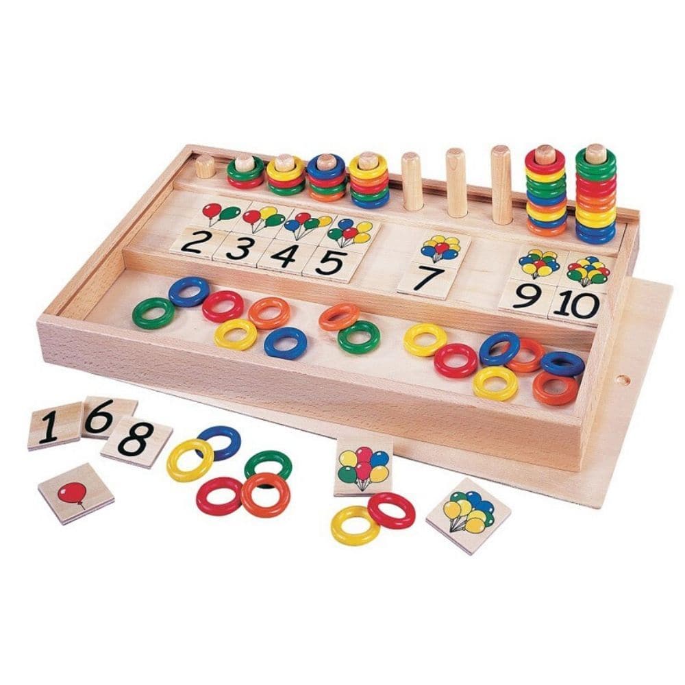 Balloon and Rings Game, Balloons and Rings is a colourful multi activity game that can be played in lots of ways. Children can create patterns and sequences, match and count and sort, offering lots of mathematical development as well as encouraging hand/eye co-ordination. The set consists of assorted coloured rings that can be stacked onto the pegs and matched with the double sided wooden plaques, for either colour or number or both. It comes complete in a wooden storage box to ensure that everything stays 