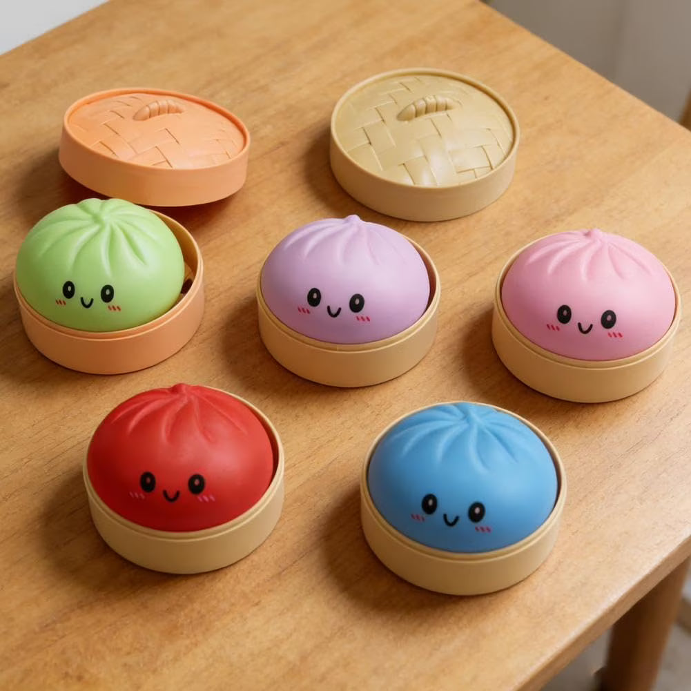 Assorted bao bun and squishy fidget toys in pastel colours