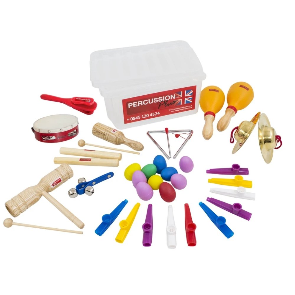 Basic classroom percussion kit, The Basic Classroom Kit from Percussion Plus is a collection of essential percussion instruments, enough for 20 players. This includes a variety of instruments and comes with all the necessary beaters, all stored in a handy plastic storage box.A collection of essential percussion for the classroom containing enough instruments for 20 players. Each pack includes: 10 x Kazoos in various colours 1 x Brass cymbal pair 1 x Maracas pair 1 x Castanets with handle 1 x Jingle 1 x Two-