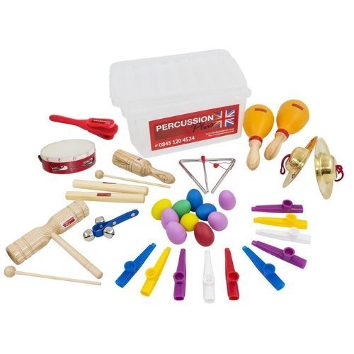 Basic classroom percussion kit, The Basic Classroom Kit from Percussion Plus is a collection of essential percussion instruments, enough for 20 players. This includes a variety of instruments and comes with all the necessary beaters, all stored in a handy plastic storage box.A collection of essential percussion for the classroom containing enough instruments for 20 players. Each pack includes: 10 x Kazoos in various colours 1 x Brass cymbal pair 1 x Maracas pair 1 x Castanets with handle 1 x Jingle 1 x Two-