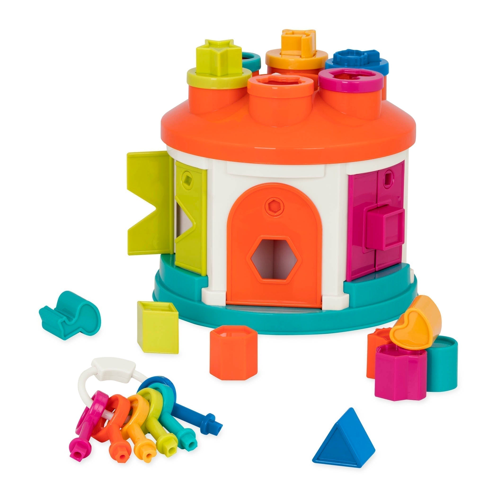 Battat Shape Sorter House, The Shape Sorter House from Battat is a take-along shape sorting playset that comes with 12 different shapes, a set of 6 keys and many shape and color sorting features. Shapes are easy to grab and fit and slide perfectly through a hole of the same shape somewhere around the house. Will it be on top or through a little window on the side? This is a case for your toddler to solve. Match the different shapes and see where they fit. Grab the keys, find the right one and unlock the doo