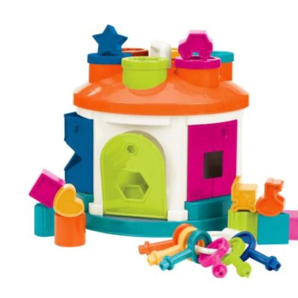 Battat Shape Sorter House, The Shape Sorter House from Battat is a take-along shape sorting playset that comes with 12 different shapes, a set of 6 keys and many shape and color sorting features. Shapes are easy to grab and fit and slide perfectly through a hole of the same shape somewhere around the house. Will it be on top or through a little window on the side? This is a case for your toddler to solve. Match the different shapes and see where they fit. Grab the keys, find the right one and unlock the doo