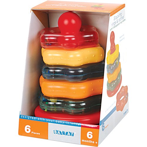 Battat Stacking Rings, Shake, rattle and stack with the Battat Stacking Rings! These five uniquely shaped rings also double up as fun rattles, as they contain colourful cascading beads which produce a great sound when stacking and shaking, helping to develop motor skills and hand eye coordination skills. The oversized central column makes stacking easy for young children and the chunky, textured rings are easy for little hands to hold. Battat Stacking Rings Features a rounded base which keeps things rocking