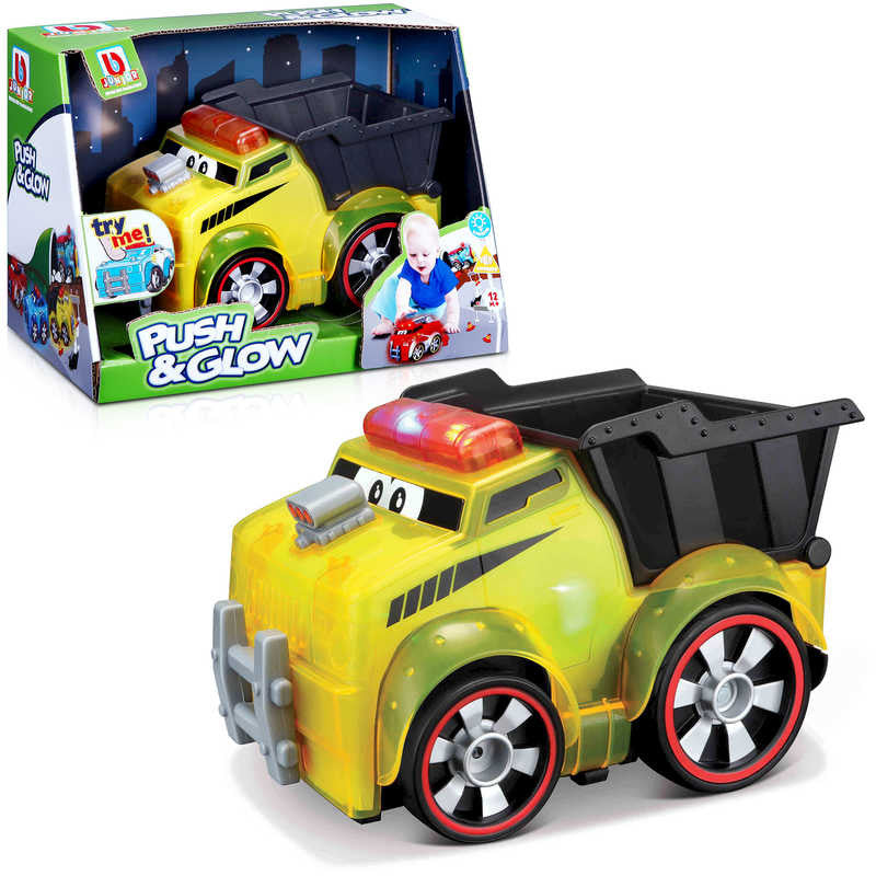 BB Junior Push & Glow Dump Truck, Cute light up and sound dump truck built specifically for small children to enjoy. This BB Junior Push & Glow Dump Truck almost looks like a cartoon character, complete with big eyes on the windscreen. Press down on the top and its roof lights illuminate and make sounds. Light up toy dump truck intended for young children Part of the BB Junior range of toys Press down on top to make siren illuminate and play sound Charming cartoon-like appearance Requires 2 x AA batteries S