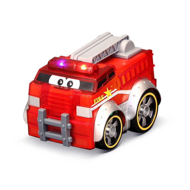 BB Junior Push & Glow Fire Truck Toy, The BB Junior Push & Glow Fire Truck Toy is a cute light up and sound fire truck built specifically for small children to enjoy. This BB Junior Push & Glow Fire Truck Toy almost looks like a cartoon character, complete with big eyes on the windscreen. Press down on the top and the sirens illuminate and make authentic emergency sounds. Light up toy fire truck intended for young children Part of the BB Junior range of toys Press down on top to make siren illuminate and pl